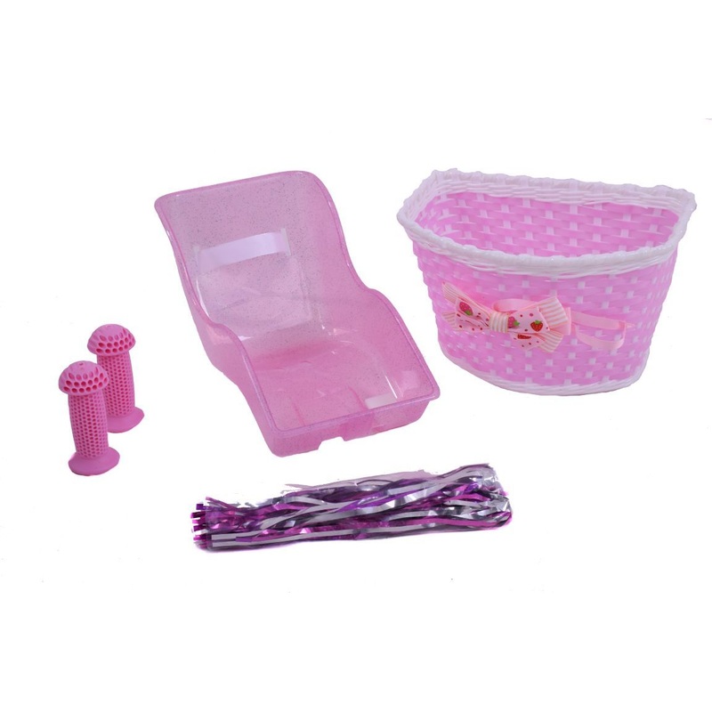 GIRLIE BIKE ACCESSORIES PACK DOLLY SEAT, BASKET, TASSELS & FREE GRIPS PINK
