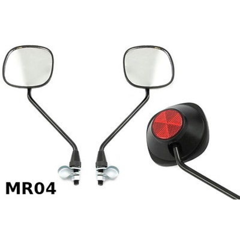 PAIR BIKE MIRRORS 9LONG STEMS BLACK WITH SAFETY REFLECTORS MODERN-RETRO