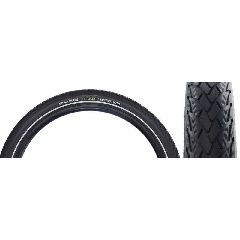 Schwalbe Green Marathon Tire – 27 x 1-1/4 Clincher Wire BLK/Reflective Performance Line GreenGuard TwinSkin Addix