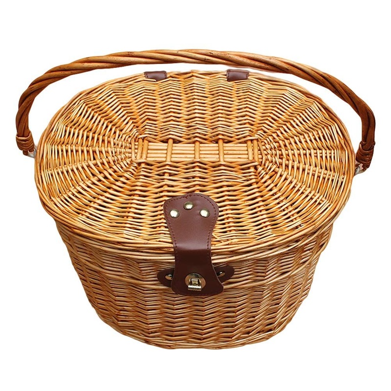Hand-Made Front Handlebar Wicker Bike Basket with Cover Adjustable Strip Natural