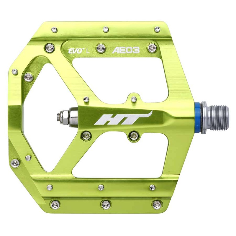 HT Components AE03 EVO+ Platform Pedals Body: Aluminum Spindle: Cr-Mo 9/16” Green Pair